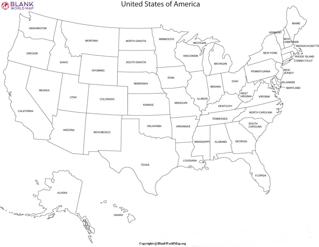 Map of the USA For Worksheet